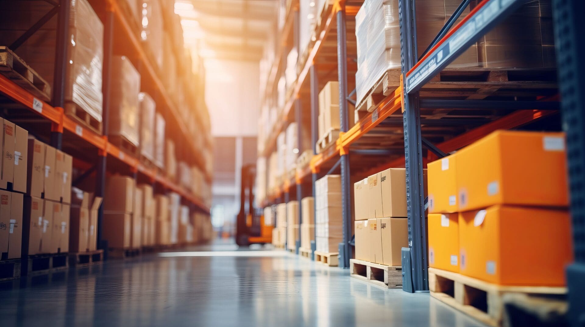 A warehouse filled with boxes and a forklift.