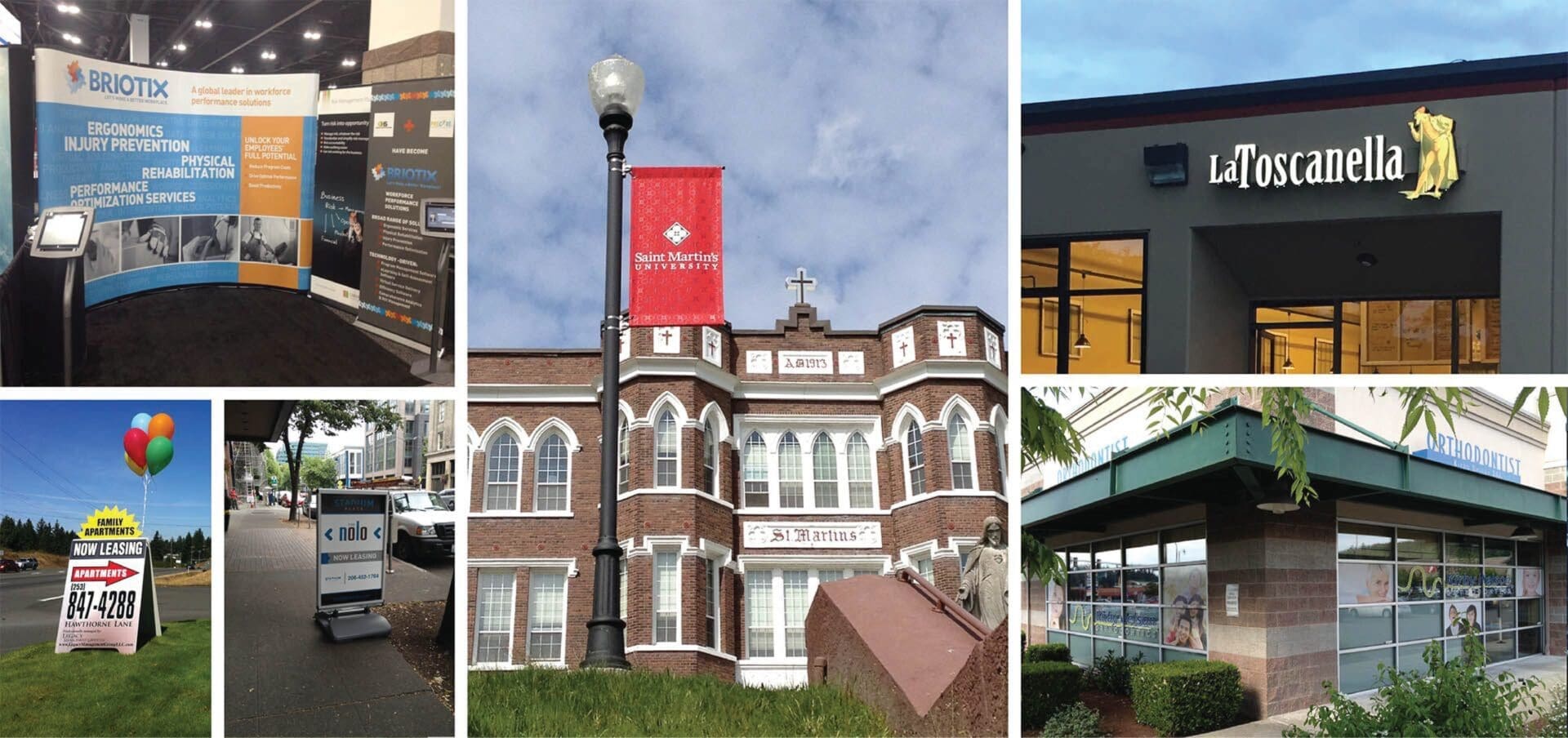 A series of photos showing different buildings and some trees.